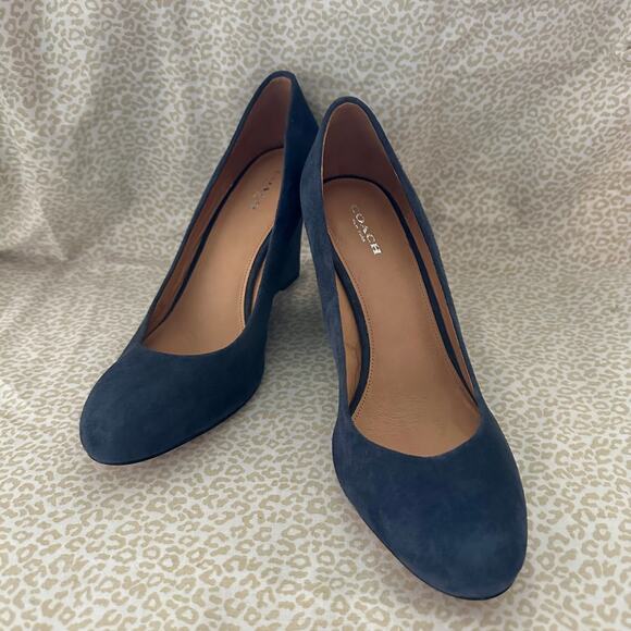 Coach Rileigh Suede Wedges Heels Leather Midnight Navy Blue Size 9B - Picture 7 of 8